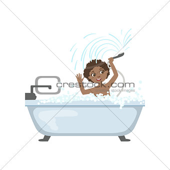 Boy Taking The Bath And Playing With Shower