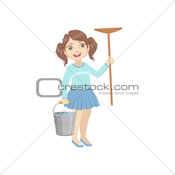 Girl Holding The Mop And Water Bucket