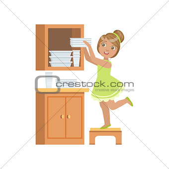 Girl Putting The Plates In Cupboard