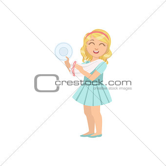 Girl Drying Clean Plate With Towel
