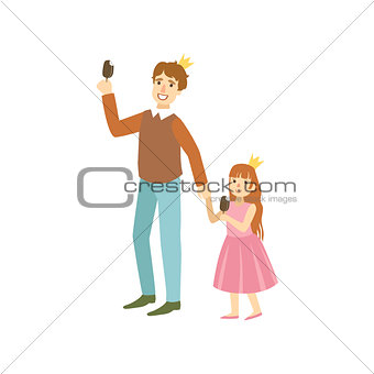 Father And Daughter Wearing Crowns  Eating Ice-Cream