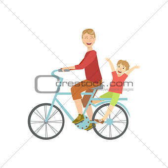 Father Riding A Bicycle With His Kid On The Back