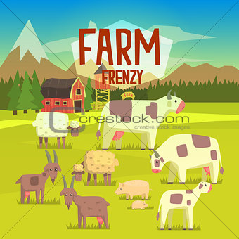 Farm Frenzy Illustration With Field Full Of  Animals