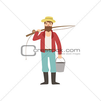 Bearded Man With Fishing Rod And Bucket