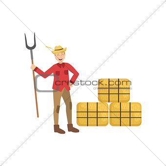 Guy With Farm Fork And Three Hay Stacks