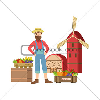 Bearded Farmer Selling Vegetables In Small Town