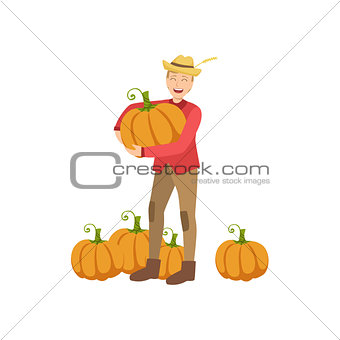 Farmer With Pupmpkins Holding One In Hands