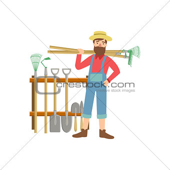 Bearded Man With Stack Of Farming Equipment