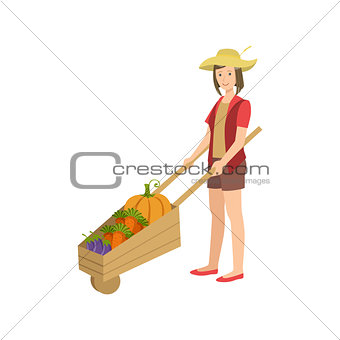 Woman With Wooden Wheel Barrel Filled  Vegetables