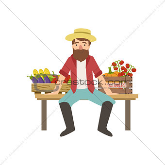 Bearded Farmer Sitting On The Bench With Crates Of Vegetables