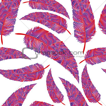 Seamless pattern with feathers. Abstract background with colored feathers. Pastel feathers