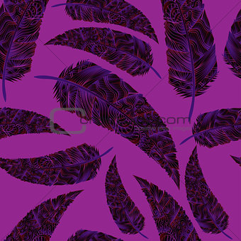 Seamless pattern with feathers. Abstract background with colored feathers. Pastel feathers