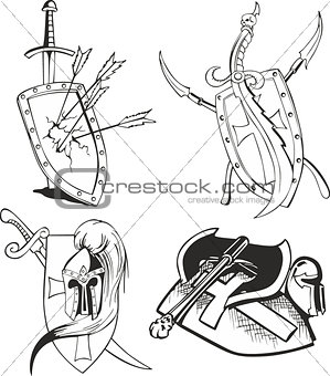 tattoo sketches of knight shields with blades