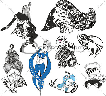 Set of fantasy ladies and tattoo girls