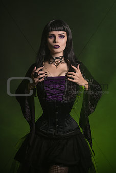 Beautiful witch dressed in a corset and velvet blouse  