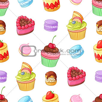 Assorted colorful desserts, cupcakes and macaroons. Seamless vector pattern.