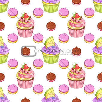 Strawberry chocolate and blueberry lemon cupcakes and meringues vector seamless pattern.