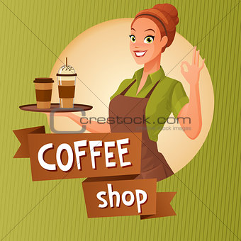 Barista waitress with cups coffee showing ok sign. Vector illustration with text.