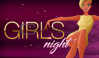 Girls night banner. Beautiful glamorous young woman sitting in night club lounge. Vector illustration on dark background.