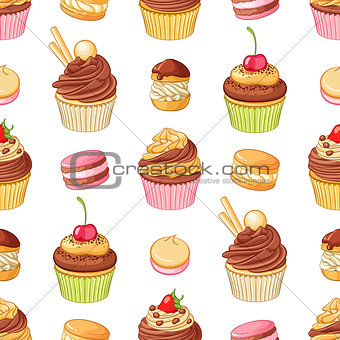 Various bright colorful chocolate desserts . Seamless vector pattern on white background.
