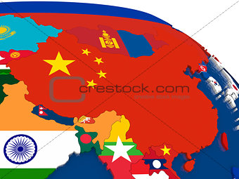 China on 3D map with flags