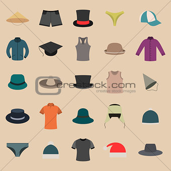 A set of clothes and hats, vector illustration.