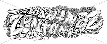 Vector monochrome hand drawn zentagle text illustration. Mirrored intricate lettering. Title for coloring zentangle page with high details isolated on white background.