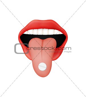 open mouth and protruding tongue with pill
