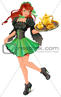Beautiful woman waiter carries tray with tea