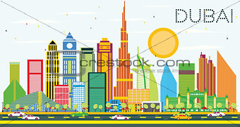 Dubai Skyline with Color Buildings and Blue Sky.