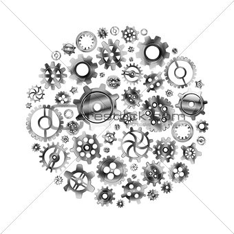 Glossy metal cogwheels arranged in a circle shape isolated on white