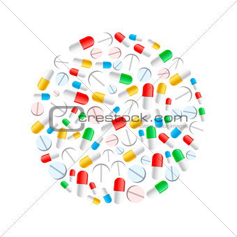 Colourful pills in circle shape isolated on white