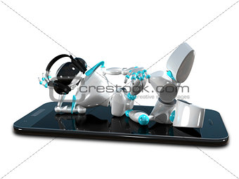 3D Illustration of a Robot in the Earpiece on Smartphone