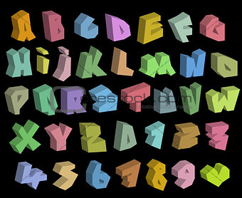 3D graffiti color fonts alphabet and number over black