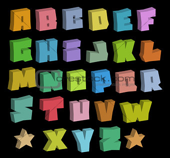 3D graffiti blocky color fonts alphabet over black