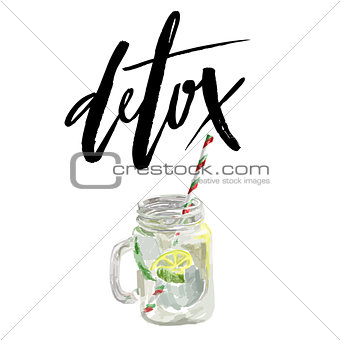 Vector illustration of vegan detox smoothie. Hand drawn healthy drink made of lemon. Isolated on white.