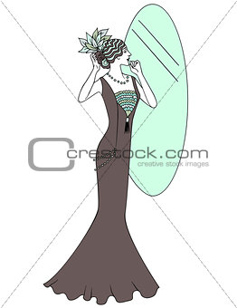 Beautiful retro style woman. Vector illustration. Copy space. Vintage girl looks in the mirror.