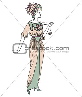 Beautiful retro style woman. Vector illustration. Copy space. Vintage girl with long beads.