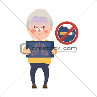 Senior Man Having Lung Problem and No Smoking Sign