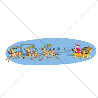 Reindeer sled carries Santa Claus on a sleigh. Christmas