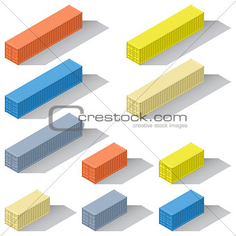 Forty and twenty foot sea containers of different colors isometric icons set
