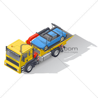 Vehicle tow truck transporting on board a broken car isometric icon set