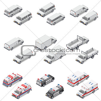 Minivan passenger, cargo, board mini truck commercial van, police and ambulance set icons