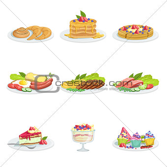 European Cuisine Food Assortment Menu Items Detailed Illustrations