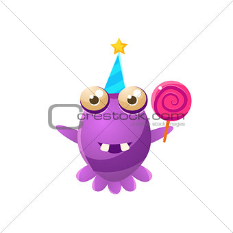 Purple Toy Monster In Party Hat Holding A Lollypop