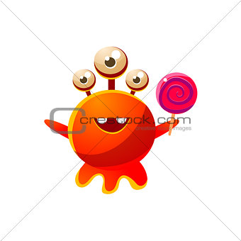 Red Three-Eyed Toy Monster With Lollypop