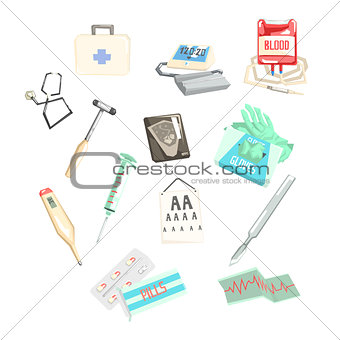 Set Of Different Medical Examination And Tratment Items