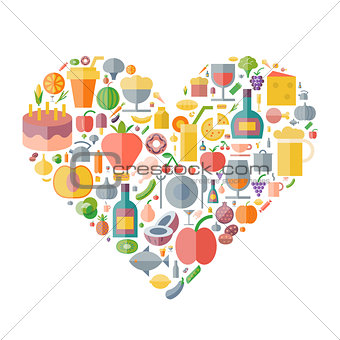 Icons for food and drink arranged in heart shape