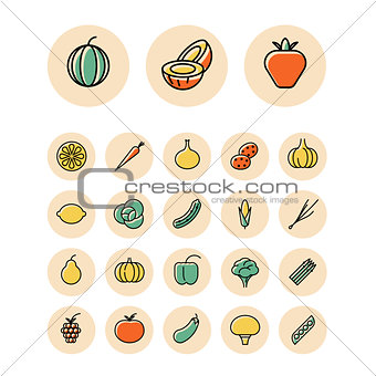 Thin line icons for fruits and vegetables