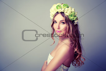 Beautiful Woman with Wreath of Roses